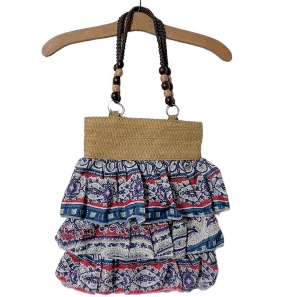 Ruffled layered boho purse shoulder bag with wood beads new without‎ tags